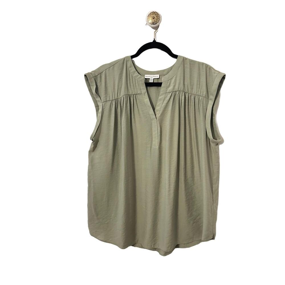 Maison DAmélie Paris Blouse Women Size XL Olive Green Casual Cap Sleeves Pleated